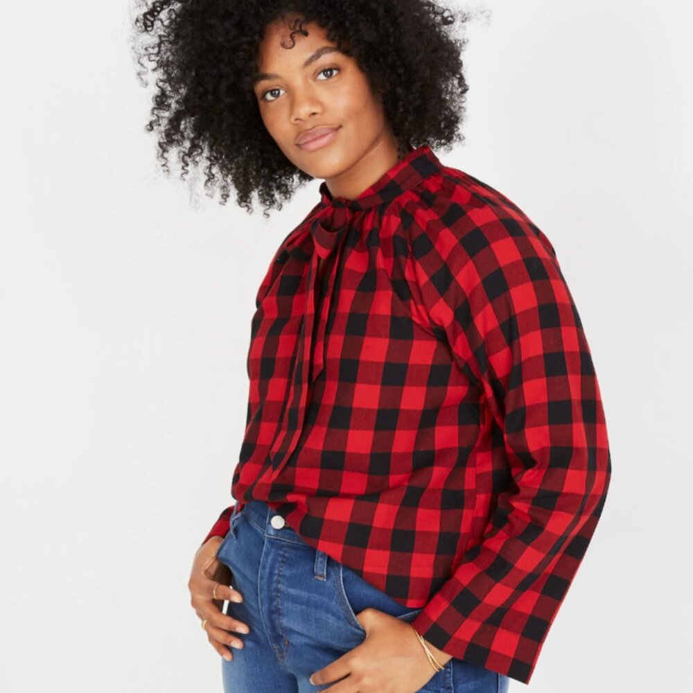 Madewell Tie-Neck Popover Shirt in Buffalo Check Long Sleeve Blouse Size Small